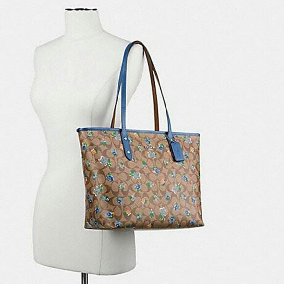 Coach Blue/Beige Floral Print Signature Coated Leather Canvas Tote - Picture 8 of 14